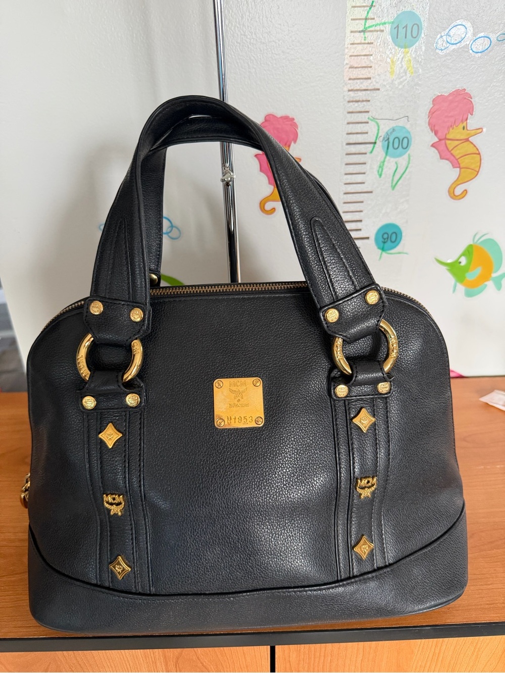 MCM Black Leather Dome Satchel with Gold Accents